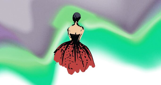 Animation of fashion drawing of woman's dress on grey and green background