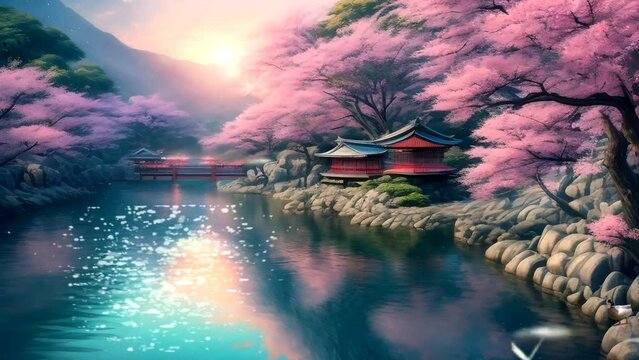 Fantasy landscape of garden in beautiful spring in watercolor painting illustration style. Japanese anime countryside seamless virtual Animation background.