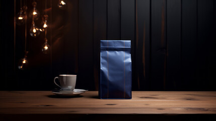 A Dark Blue coffee paper bag packaging mockup with spilled coffee beans on a coffee table, a mockup...