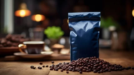 A Dark Blue coffee paper bag packaging mockup with spilled coffee beans on a coffee table, a mockup in Photoshop and Photoshop Elements, a mockup in PSD, a mockup for marketing, a mockup for packaging © ND STOCK