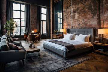 A hotel guest room with an urban loft style, exposed brick, and industrial chic decor