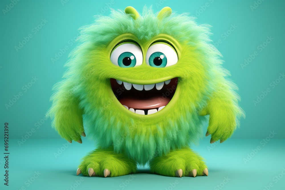 Wall mural cute green furry monster 3d cartoon character