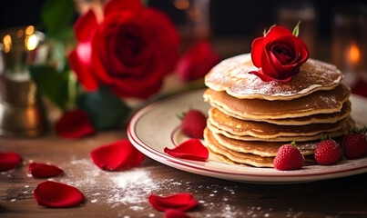 leckeres romantisches Frühstück mit Pancakes und Obst