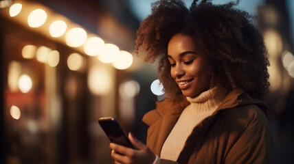 beautiful young african american girl using mobile cell phone in the night - obrazy, fototapety, plakaty
