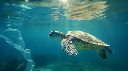 Fototapeta premium 海洋プラスチックとウミガメのイメージ