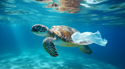 Obraz premium 海洋プラスチックとウミガメのイメージ