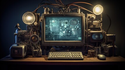 Investigate the historical evolution of digital technology with old computer tech. Created with Generative AI - obrazy, fototapety, plakaty