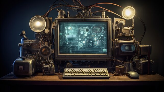 Investigate the historical evolution of digital technology with old computer tech. Created with Generative AI
