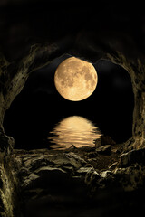 Planet Moon and shadows in the water look through the caves. - 695222396