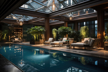 Fototapeta na wymiar A hotel indoor pool with a glass ceiling, lounge area, and a serene atmosphere