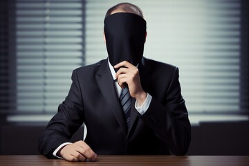 Masked businessman trouble and suffering. office background. - obrazy, fototapety, plakaty