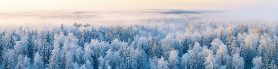 winter panorama from a drone view of a coniferous forest covered with snow, long narrow panoramic view, wildlife landscape, aerial view