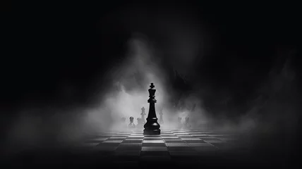 Foto op Canvas a lonely chess piece on a chessboard in disturbing lighting and fog, concept strategy decision-making leadership © kichigin19