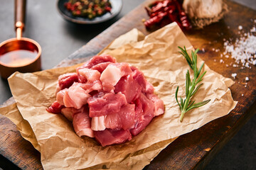 Pork cut with garlic and salt on the cutting board