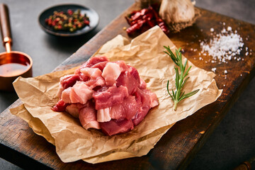 Pork cut with garlic and salt on the cutting board