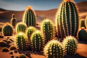 A 3D image of a patch of desert cacti, with realistic spines and textures under the blazing sun