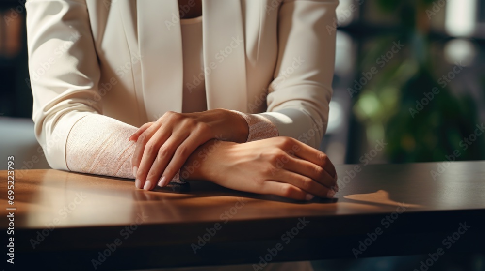 Aufkleber a woman sitting at a table with her hands resting on the table. this image can be used to depict rel