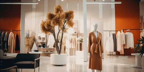 Mannequins displayed in a clothing store with vibrant orange walls. Ideal for showcasing the latest fashion trends and creating an eye-catching retail environment