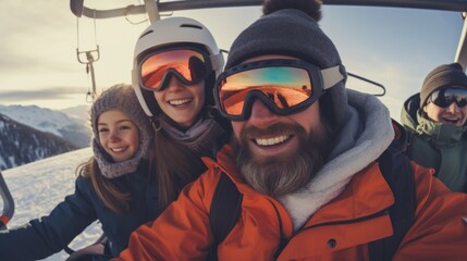 A group of people enjoying a ride on a ski lift. Perfect for capturing the excitement and camaraderie of a skiing or snowboarding trip