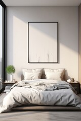 A simple and cozy bedroom with a comfortable bed and a beautiful picture hanging on the wall....