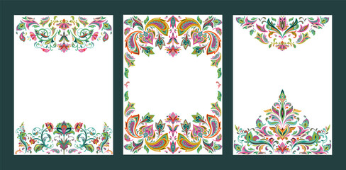 Set of three vector pre-made frames with oriental motifs and paisley ornament. - 695223798