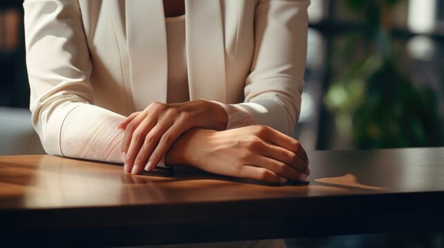 A woman sitting at a table with her hands resting on the table. This image can be used to depict relaxation, concentration, or contemplation in various settings