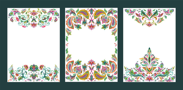 Set of three vector pre-made frames with oriental motifs and paisley ornament.
