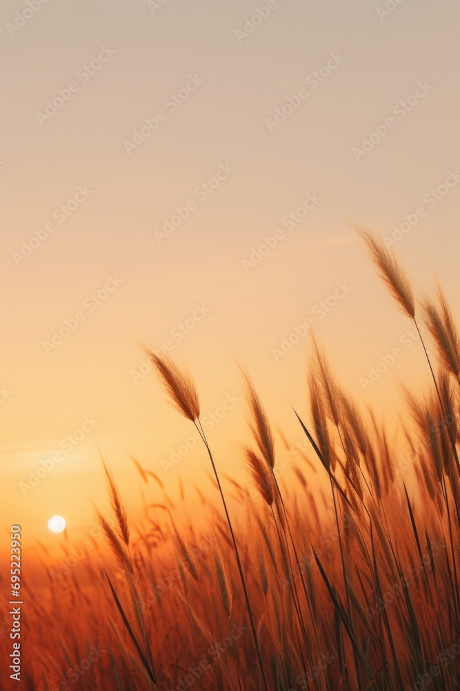 Poster a picturesque scene of a sun setting over a field of tall grass. ideal for nature-themed projects an