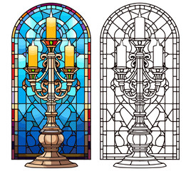 Menorah Candelabra Stained Glass Style on a White Background with Presents Coloring Page and Cover Design Vector