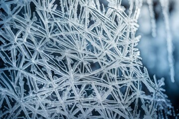 Glistening ice crystals forming intricate patterns on a frozen window.
