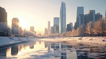 City skyline reflected in a frozen river. Perfect for urban landscapes and winter-themed designs