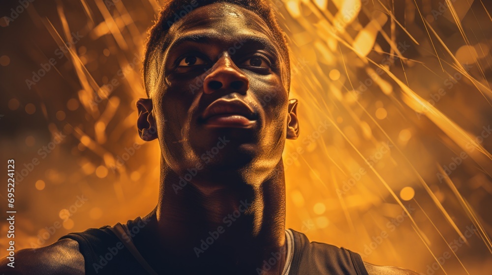 Poster a man wearing a black tank top stands in the rain. this image can be used to portray a sense of soli