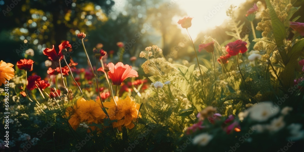 Poster A bunch of flowers lying in the grass. Perfect for adding a touch of nature to any project