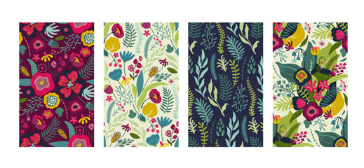 Set of three vector seamless pattern with bright flowers and leaves. Endless floral background. - 695224312