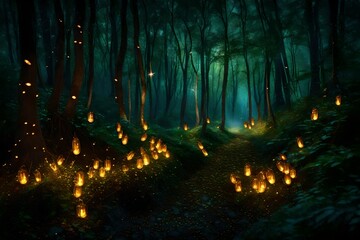 Luminous fireflies creating a dynamic light show in a mystical grove.