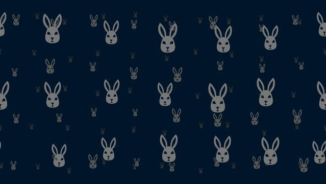 Cute hare head symbols float horizontally from left to right. Parallax fly effect. Floating symbols are located randomly. Seamless looped 4k animation on dark blue background