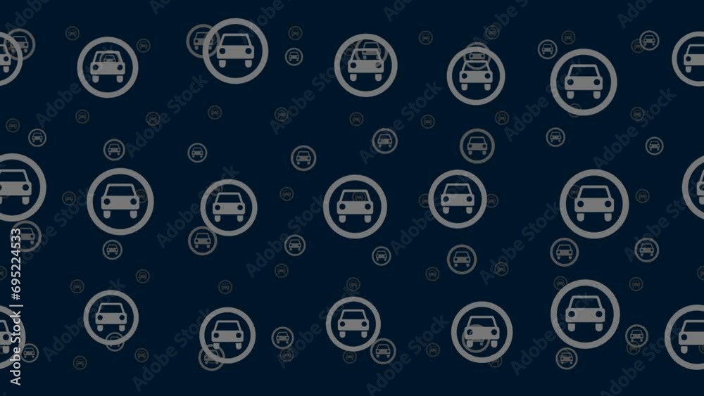 Poster no car signs float horizontally from left to right. parallax fly effect. floating symbols are locate