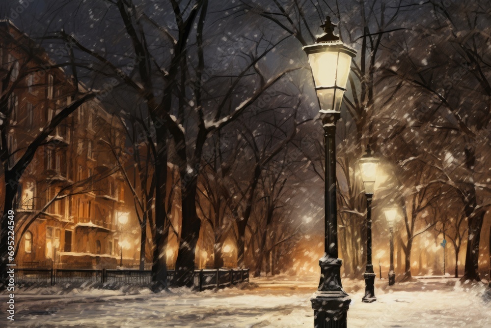Poster a painting of a street light surrounded by snow. this picture can be used to depict a winter scene o