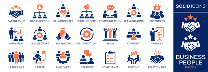 Business people icon set. Collection of team building, leadership, workshop, teamwork, career and more. Vector illustration. Easily changes to any color.