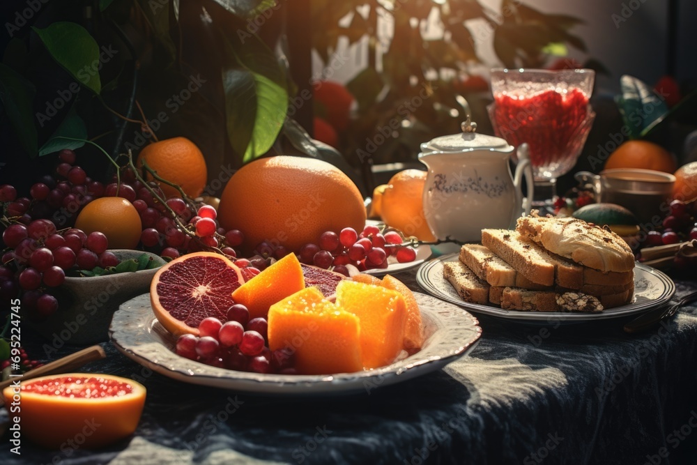 Poster a table topped with plates of fruit and bread. perfect for food-related projects