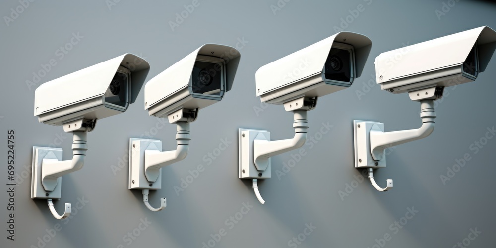Poster A row of surveillance cameras mounted on a wall. Can be used for security concepts or monitoring situations