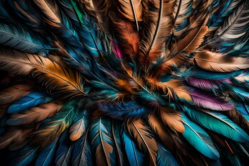 Iridescent feathers forming an intricate tapestry in mid-air.
