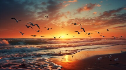 Beautiful group of birds at beach with sea wave and sunset view. Animals concept background. Generative AI - obrazy, fototapety, plakaty