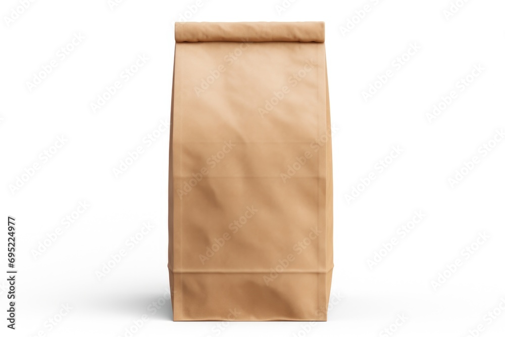 Poster A simple and minimalistic image of a brown paper bag placed on a clean white surface. Suitable for various uses