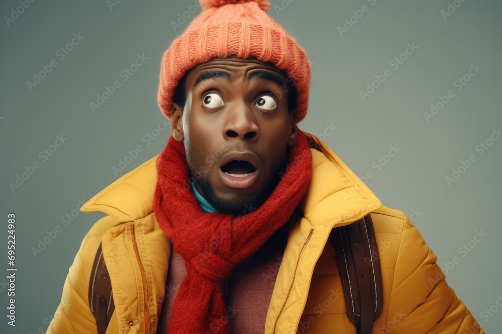 Aufkleber A picture of a man wearing a yellow jacket and a red scarf. This versatile image can be used in various contexts