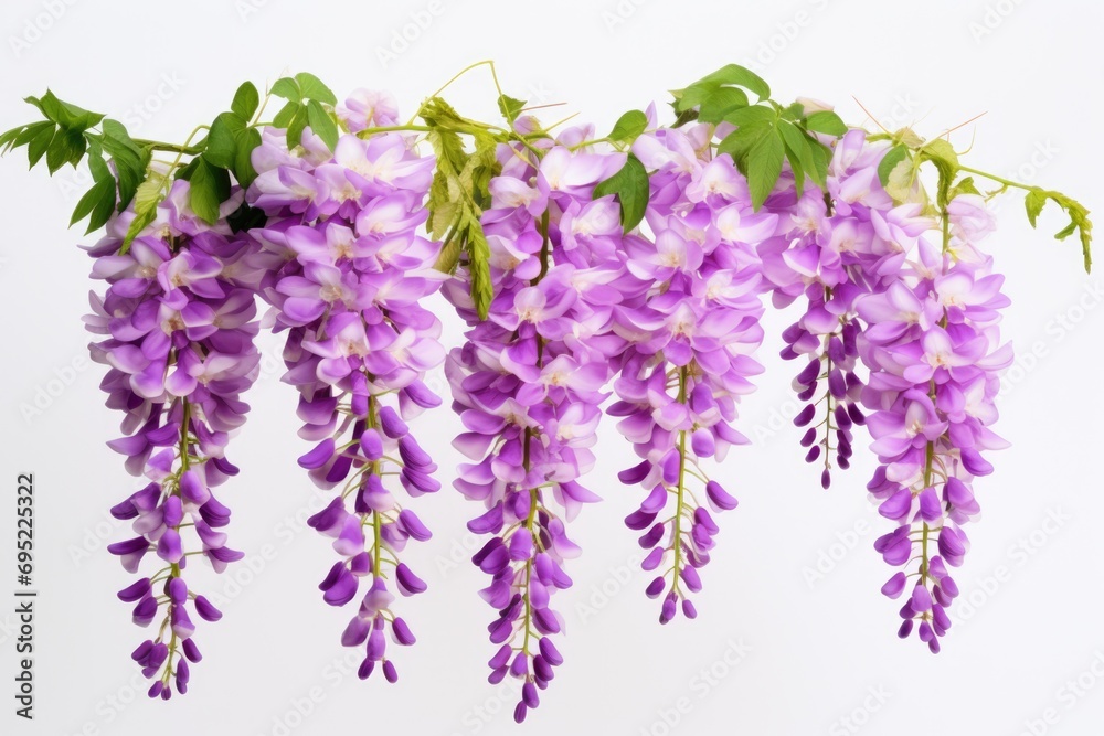 Poster A beautiful bunch of purple flowers hanging from a branch. Perfect for adding a touch of color and nature to any project or design