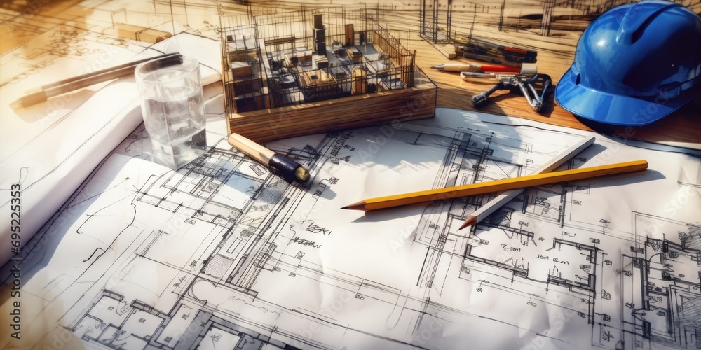 Poster a hard hat and pencil placed on top of a blueprint. this image can be used to represent construction