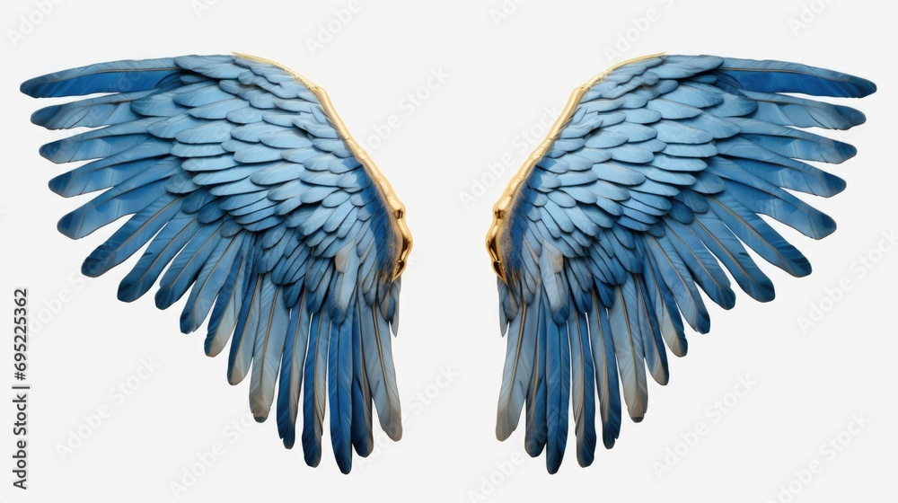 Poster a pair of blue wings against a clean white background. perfect for adding a touch of fantasy or whim