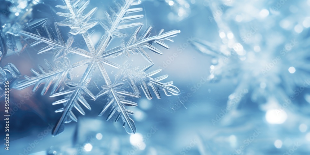 Poster A close-up view of a snowflake resting on a tree. Perfect for winter-themed designs and holiday projects