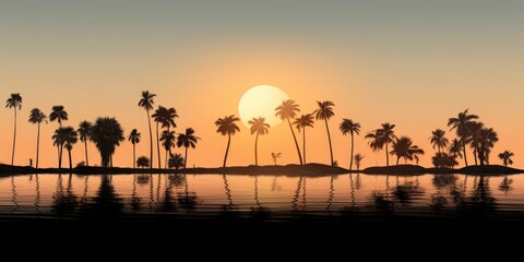 Palm trees casting striking silhouettes against a beautiful setting sun. Perfect for tropical vacation destinations or beach-themed designs
